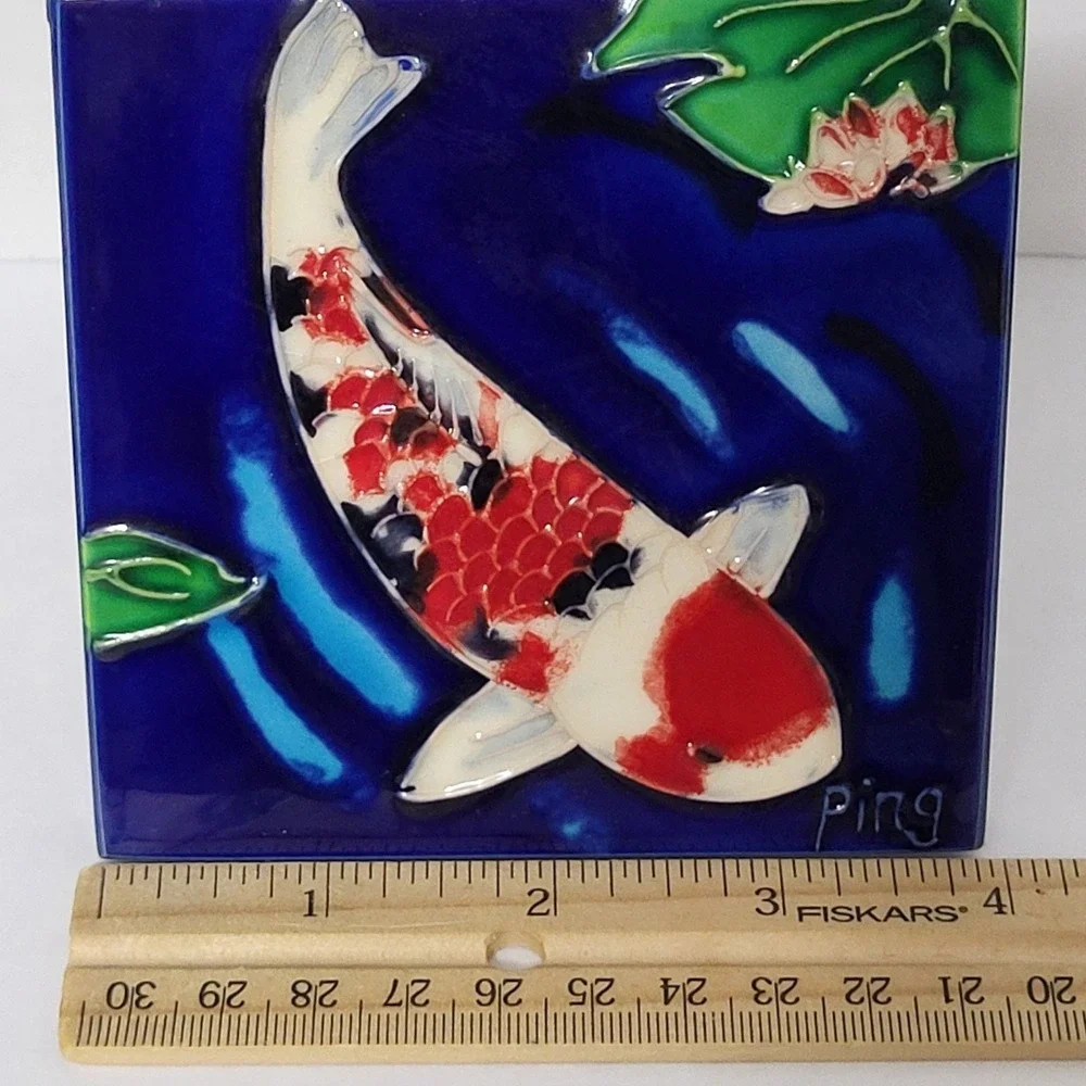 Signed Ceramic Koi Fish Tile By Ping Hand Painted Wall Hanging Raised Design 4x4